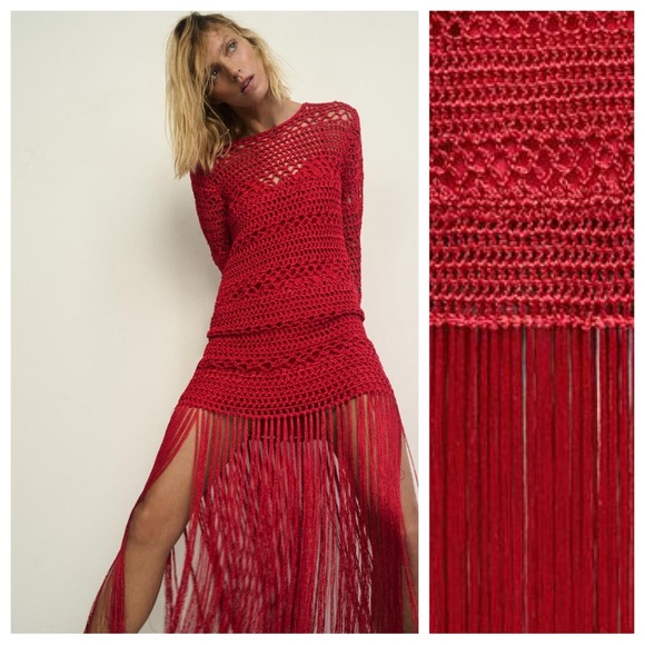 Zara Red Crochet Fringe Midi Dress - Picture 1 of 10